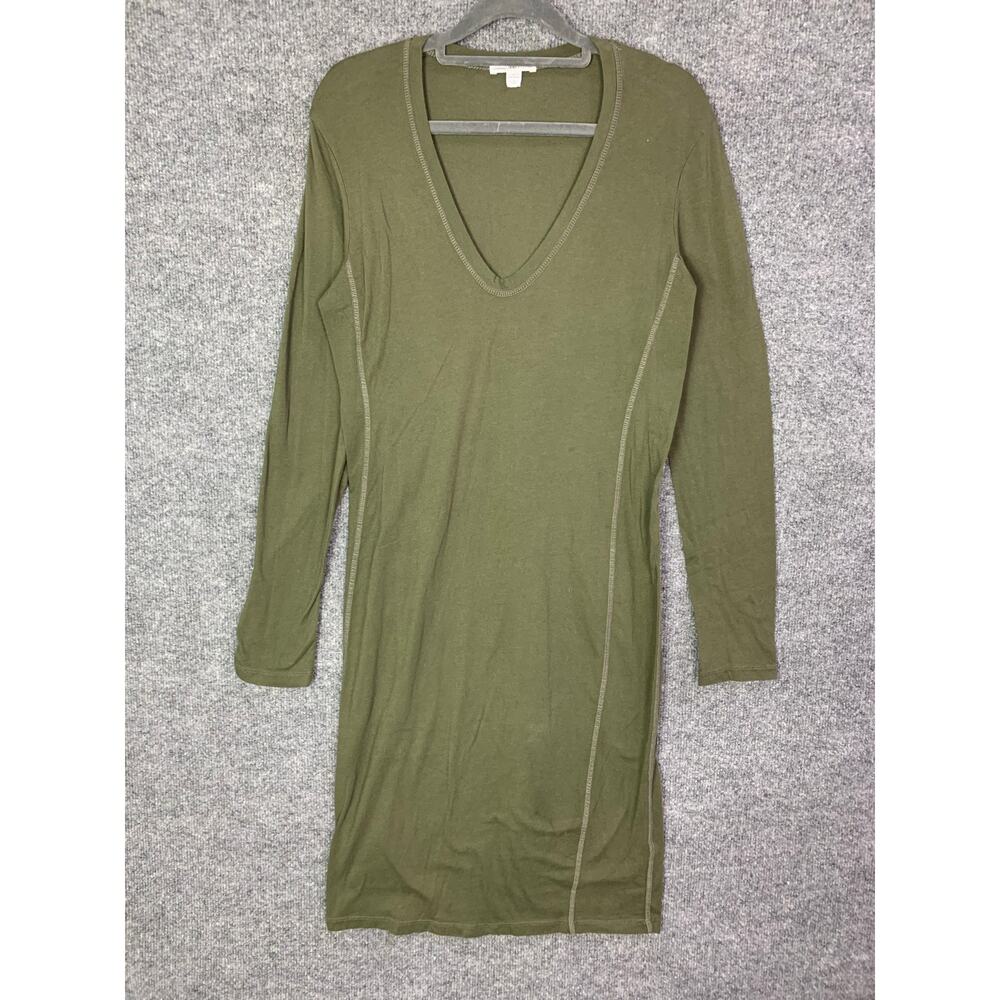 James Perse Women's V-Neck Cotton Stretch Long Sleeve Dress in Olive SZ‎ 3